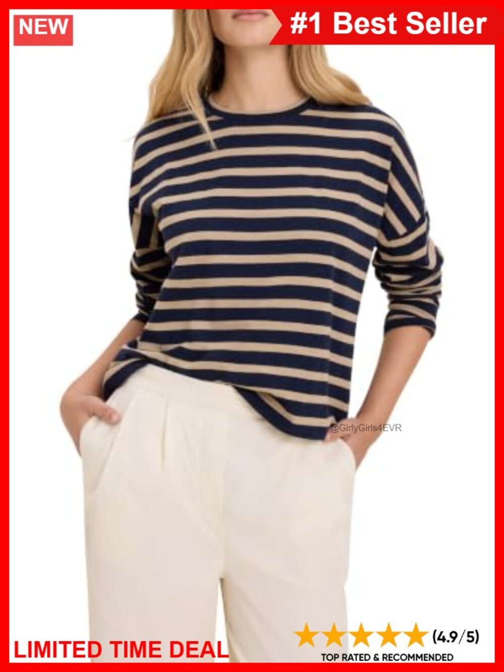 Striped Crewneck Long Sleeve Knit Tee Relaxed Fit Casual Top